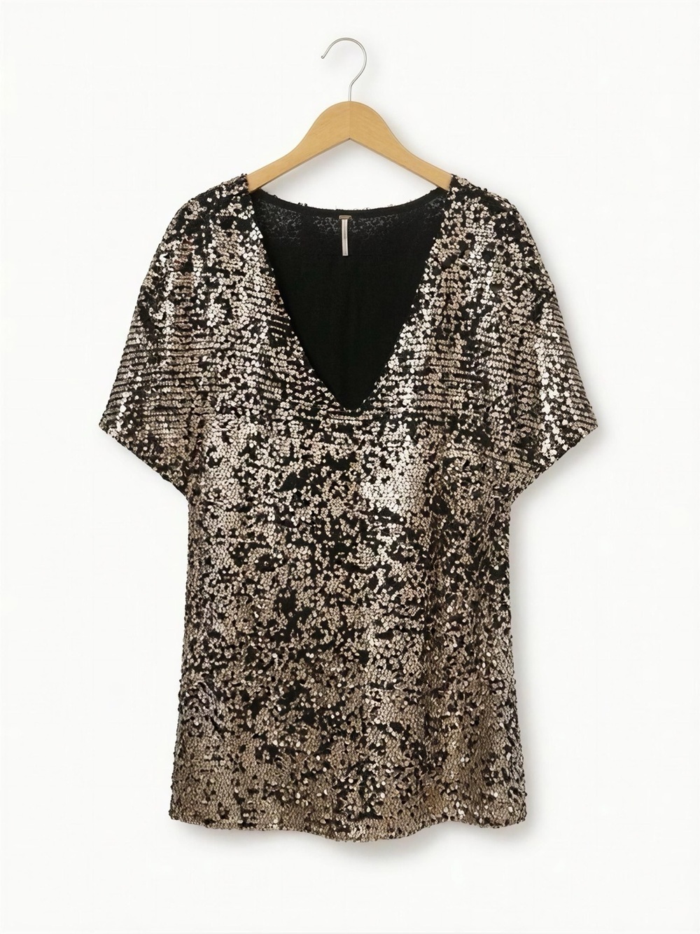 Women’s Free People Sequin V-Neck Shirt Dress in Black and Gold Size Medium